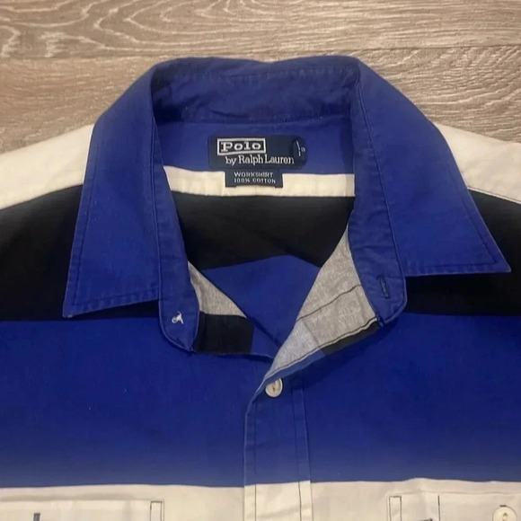 Vintage Polo Ralph Lauren Stripe workshirt long sleeve button up XL blue & black - Picture 2 of 6